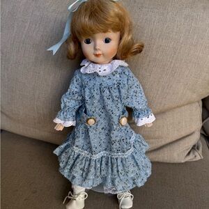 Elegant Porcelain Doll with Blue trimmed with Lace, Dress